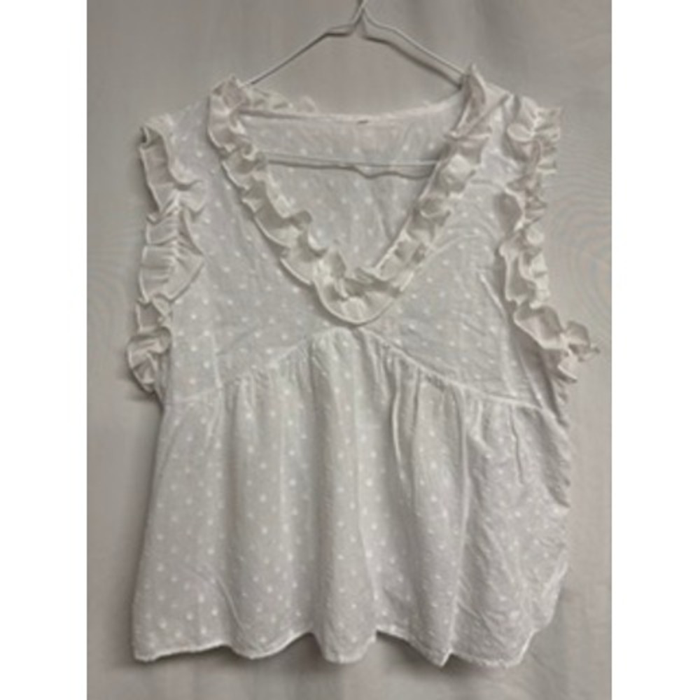 White Swiss Dot Ruffle V-Neck Sleeveless Peplum Blouse Top Large